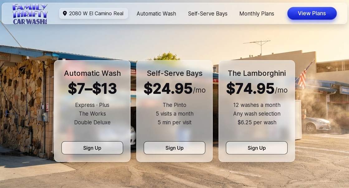 Concept homepage for Family Thrifty Carwash showing the El Camino Real lot, automatic wash prices and monthly plans
